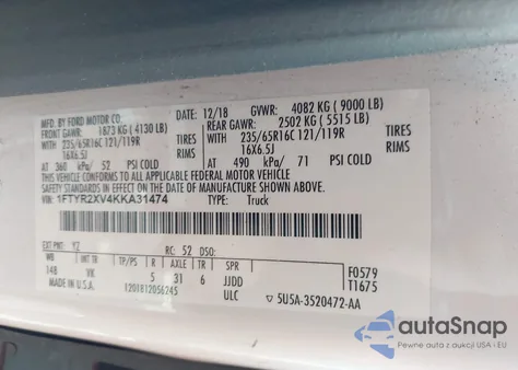 2019 Ford Transit T-250 from USA, damaged, VIN 1FTYR2XV4KKA31474